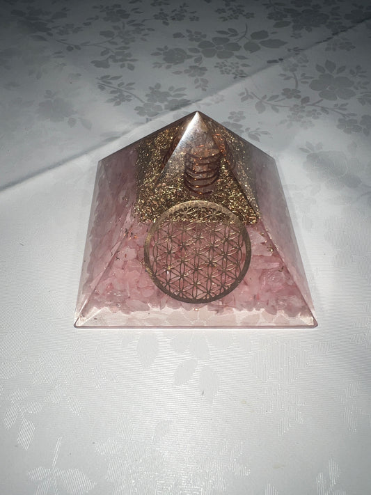 Rose Quartz Sigil Copper Charged Orgone Crystal Generator & Pyramid (Rare) (Sends your intent to the sky)