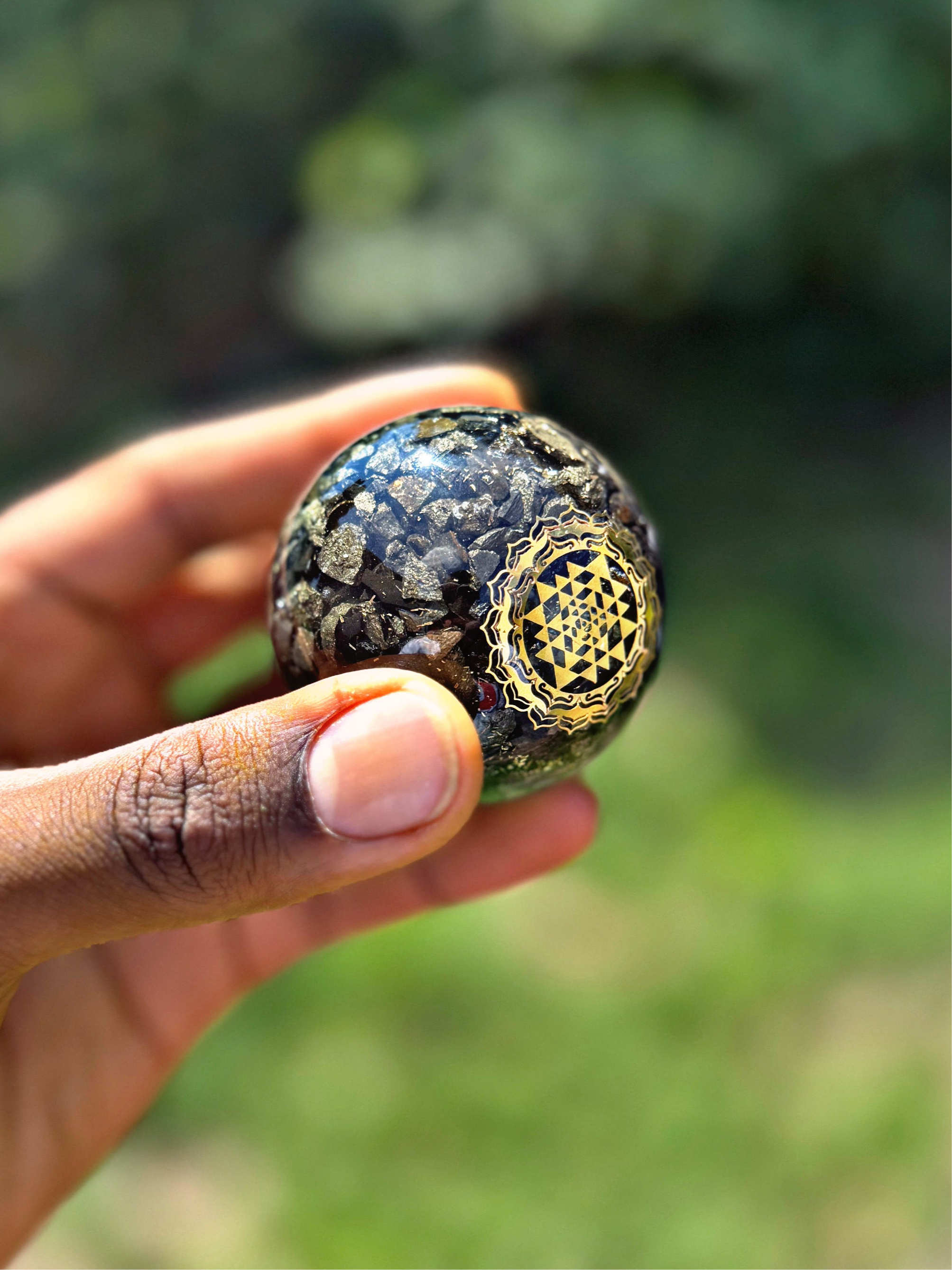Sri Yantra Pyrite - Orgone Copper Charged Sphere - Use To Manifest Your Prosperity Fast (Super Rare)