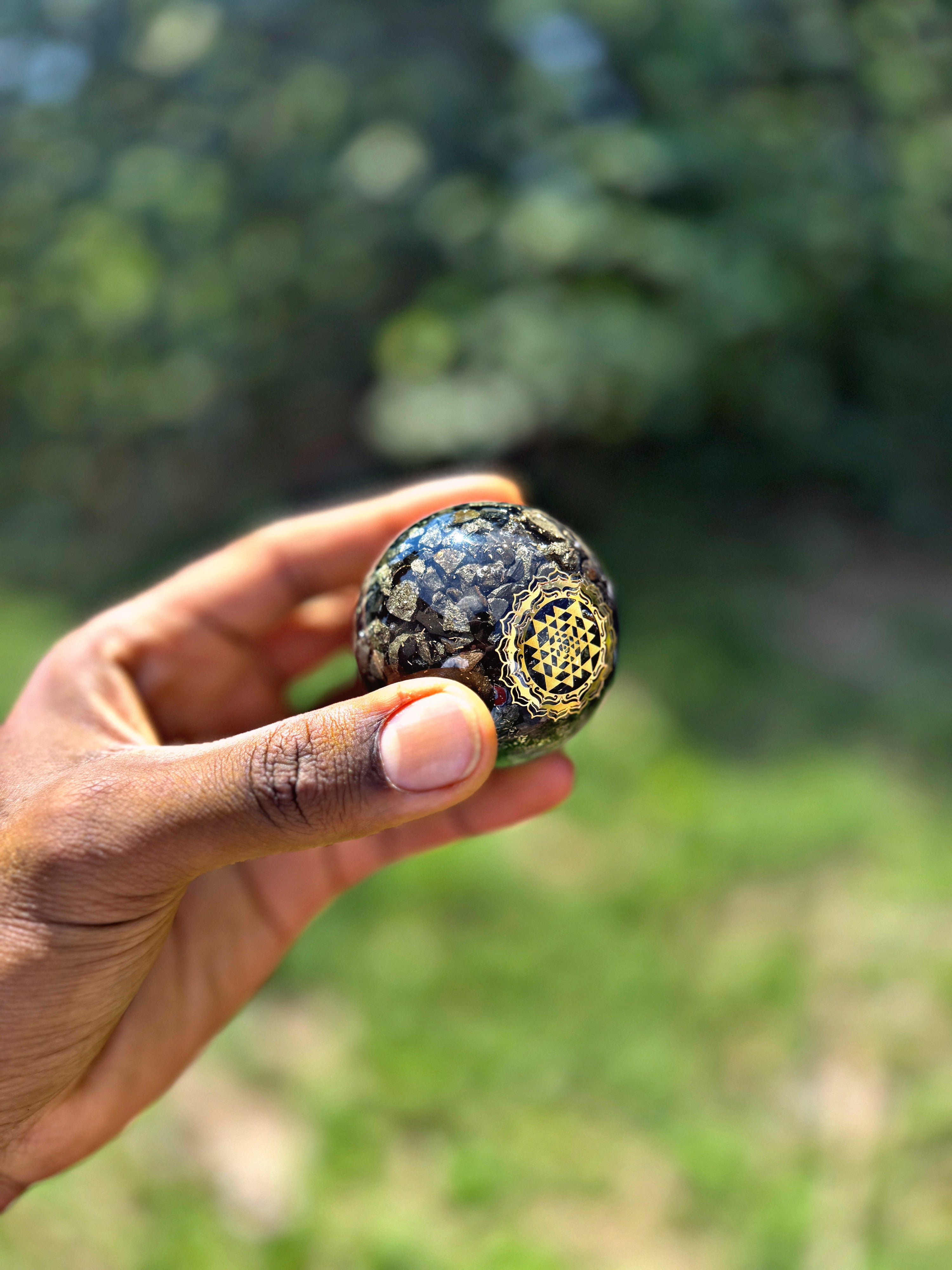 Sri Yantra Pyrite - Orgone Copper Charged Sphere - Use To Manifest Your Prosperity Fast (Super Rare)