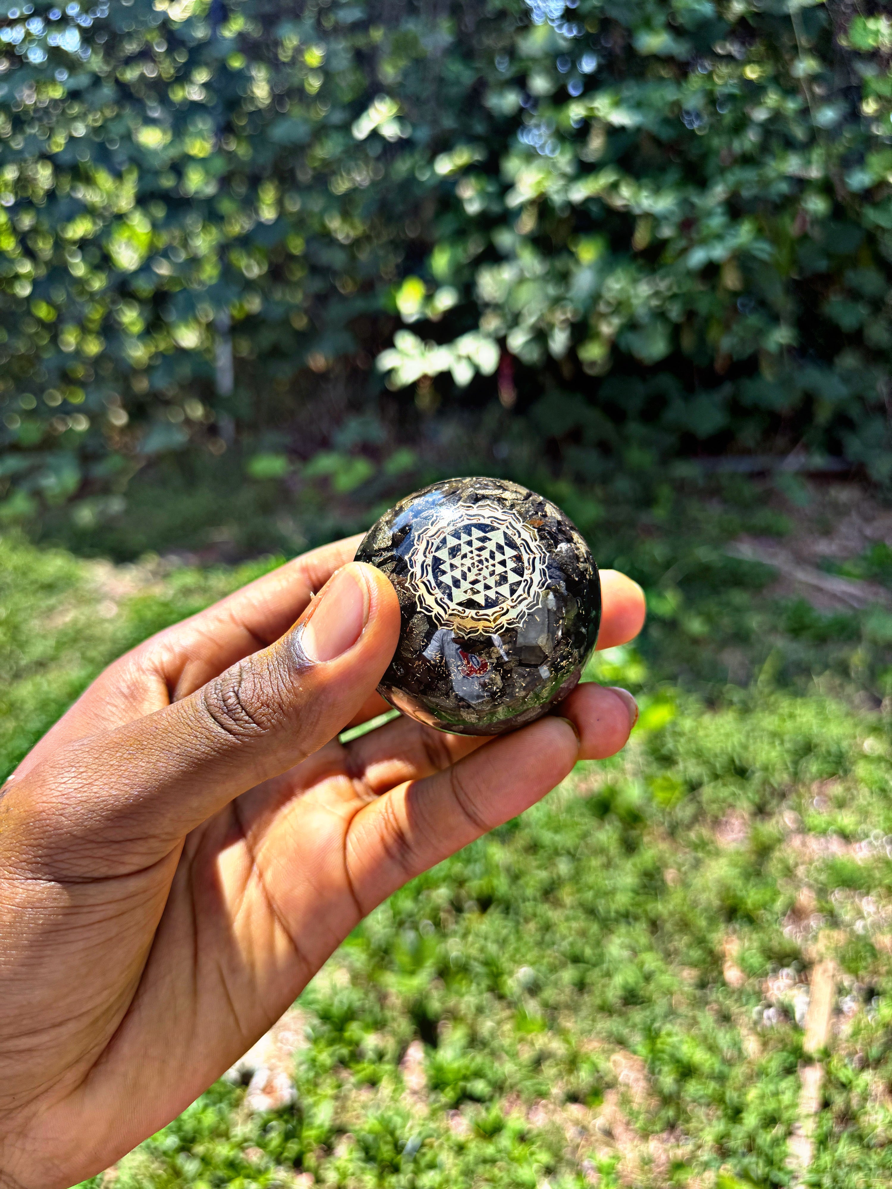 Sri Yantra Pyrite - Orgone Copper Charged Sphere - Use To Manifest Your Prosperity Fast (Super Rare)