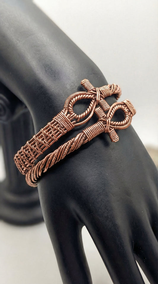 2 Pure Copper Wire Wrapped Adjustable Cuff Bracelets